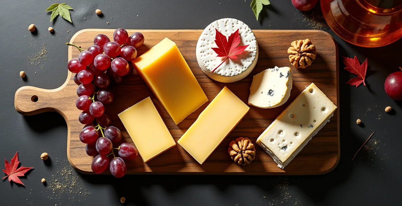 Plateau de fromages québécois artisanaux avec bouteille de vin de Dunham sur table rustique