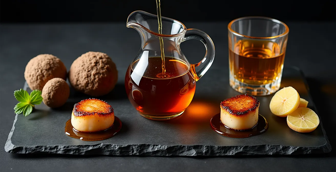 Composition artistique de sirop d'érable avec champignons sauvages, pétoncles et whisky canadien