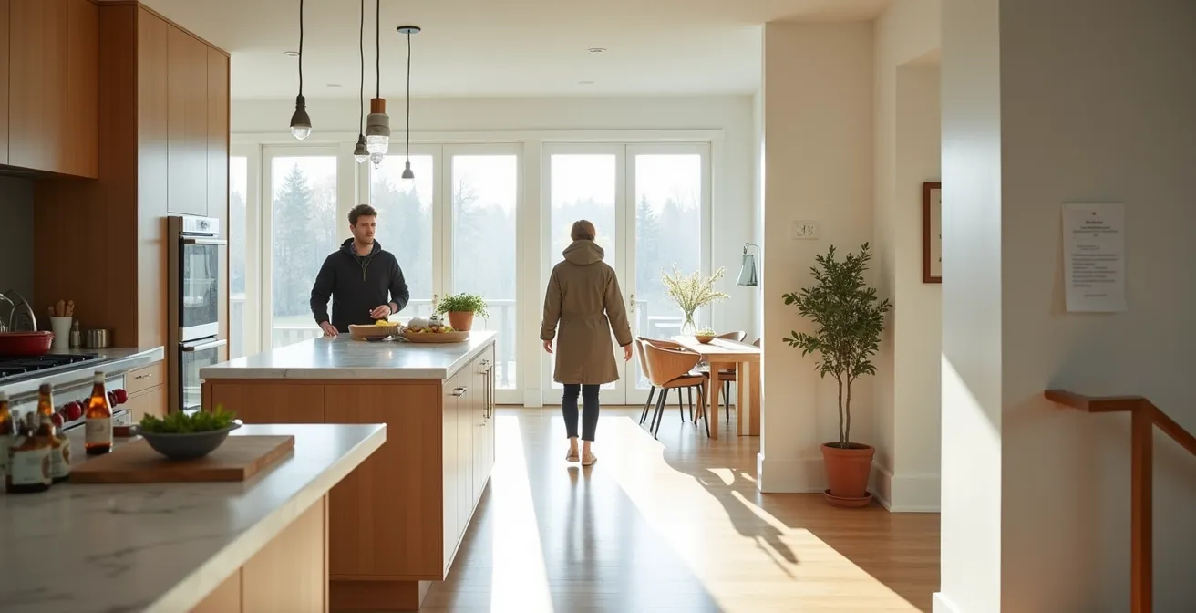 Hôtes accueillant des invités dans une cuisine ouverte québécoise avec boissons locales sans alcool