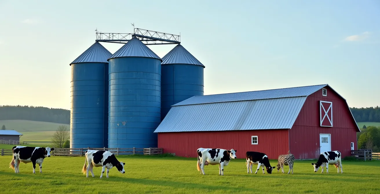 Ferme laitière québécoise typique avec ses silos bleus caractéristiques et ses vaches dans le pâturage