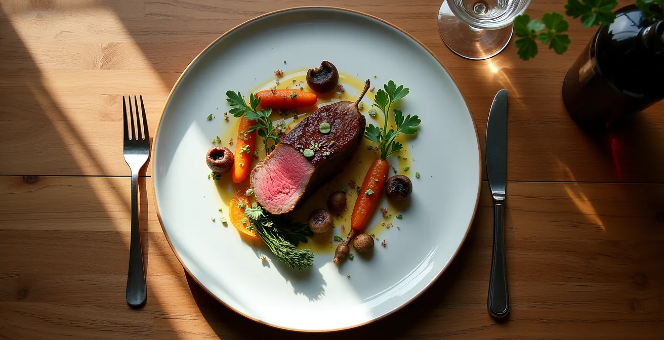 Plat gastronomique avec ingrédients du terroir québécois magnifiquement présenté