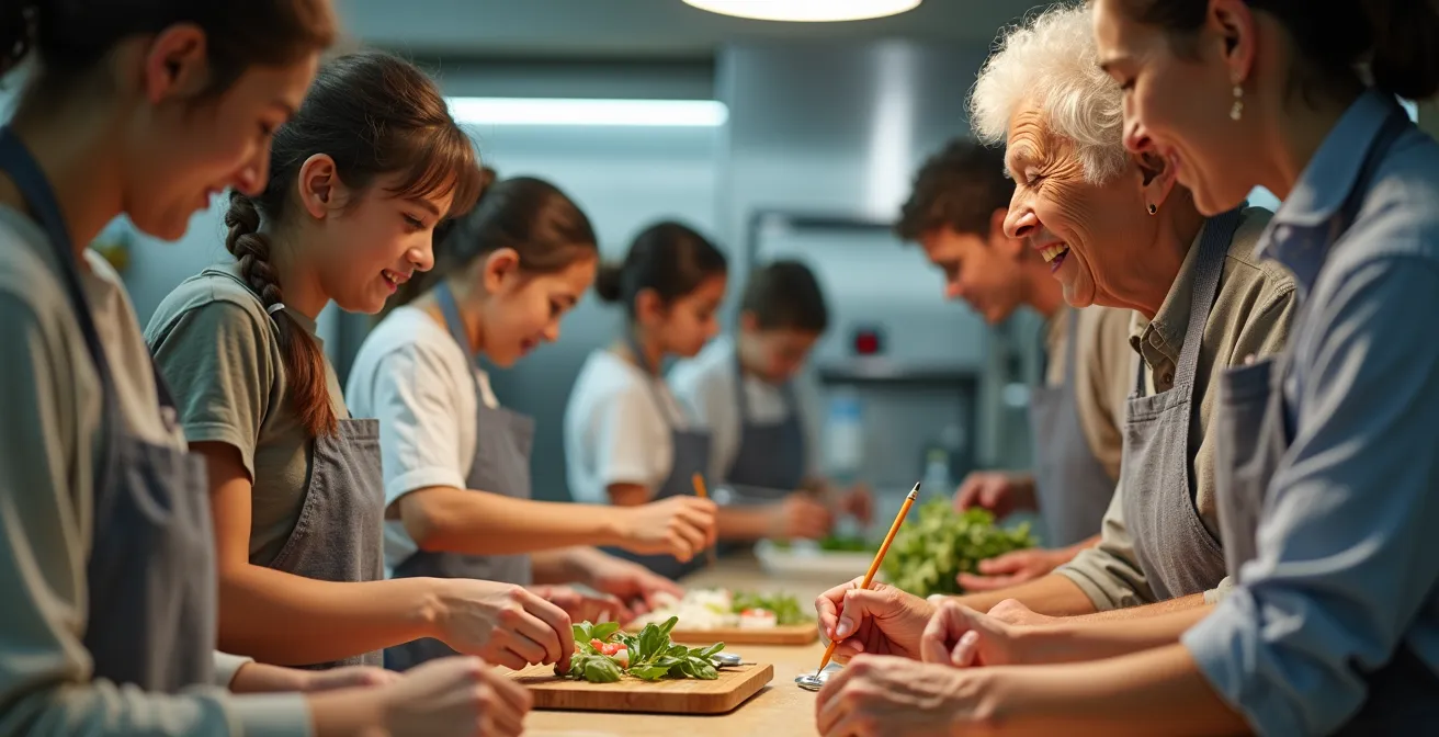 Vue large d'une cuisine collective animée avec plusieurs générations partageant un moment culinaire