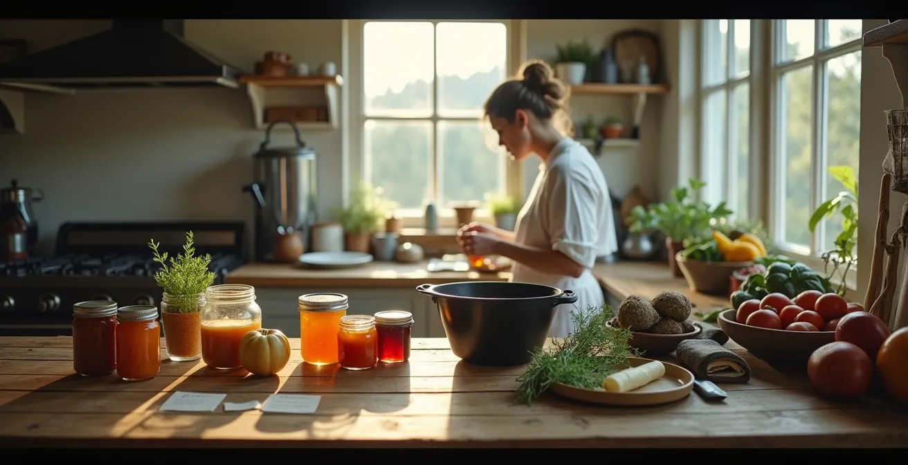 Cuisine traditionnelle québécoise avec hôte préparant un repas maison, produits du terroir visibles