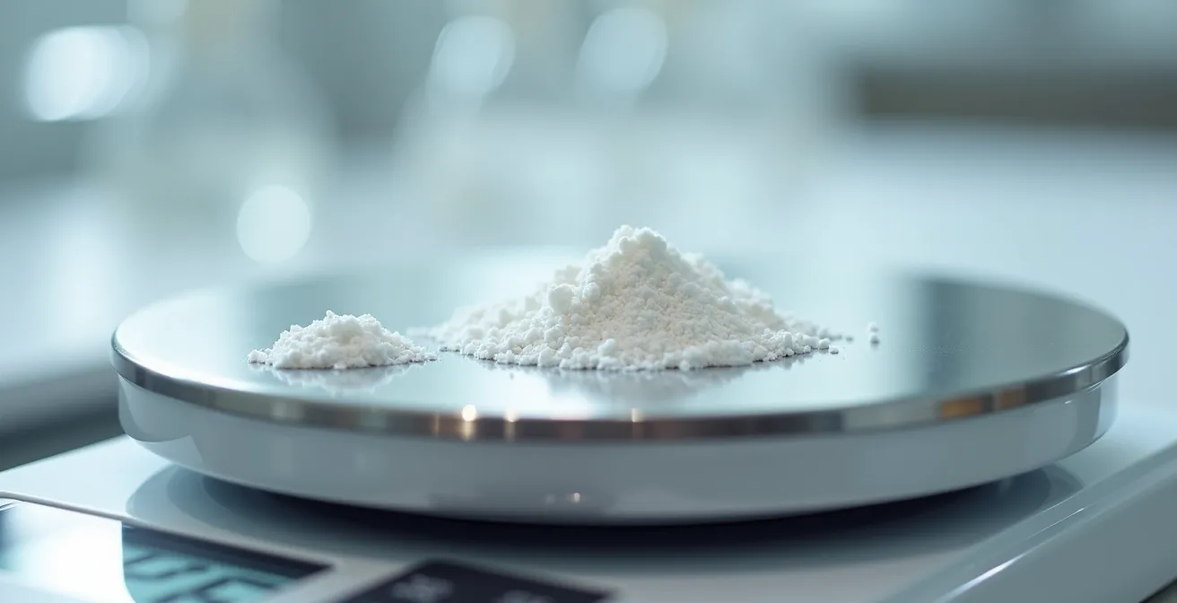 Gros plan macro sur une balance de précision affichant exactement 1.00g de poudre blanche d'alginate