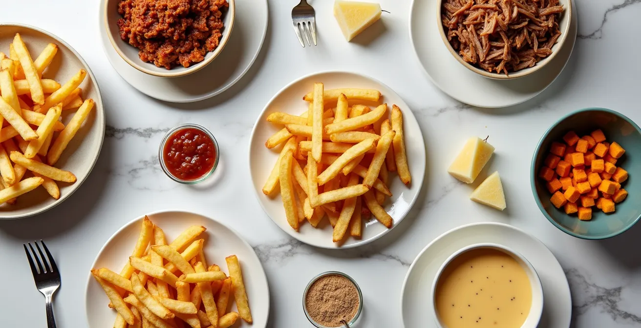 Vue aérienne d'un bar à poutine avec différents toppings créatifs disposés dans des bols