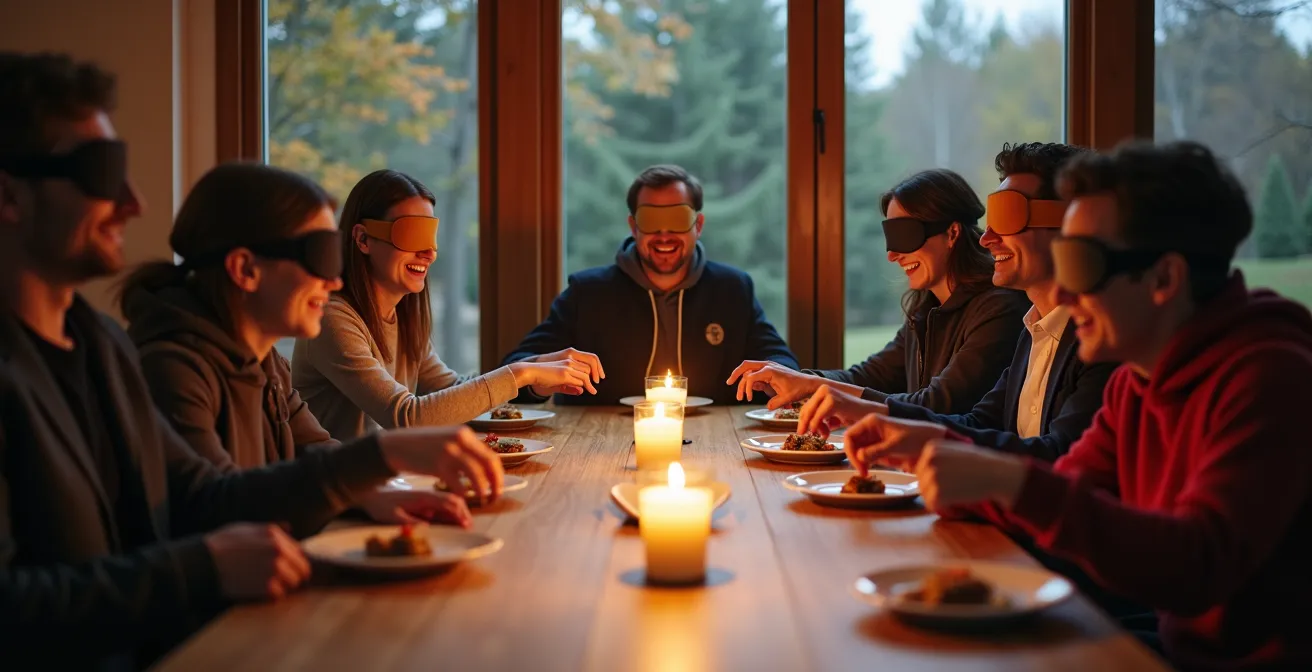 Groupe d'amis participant à une dégustation à l'aveugle dans une ambiance chaleureuse