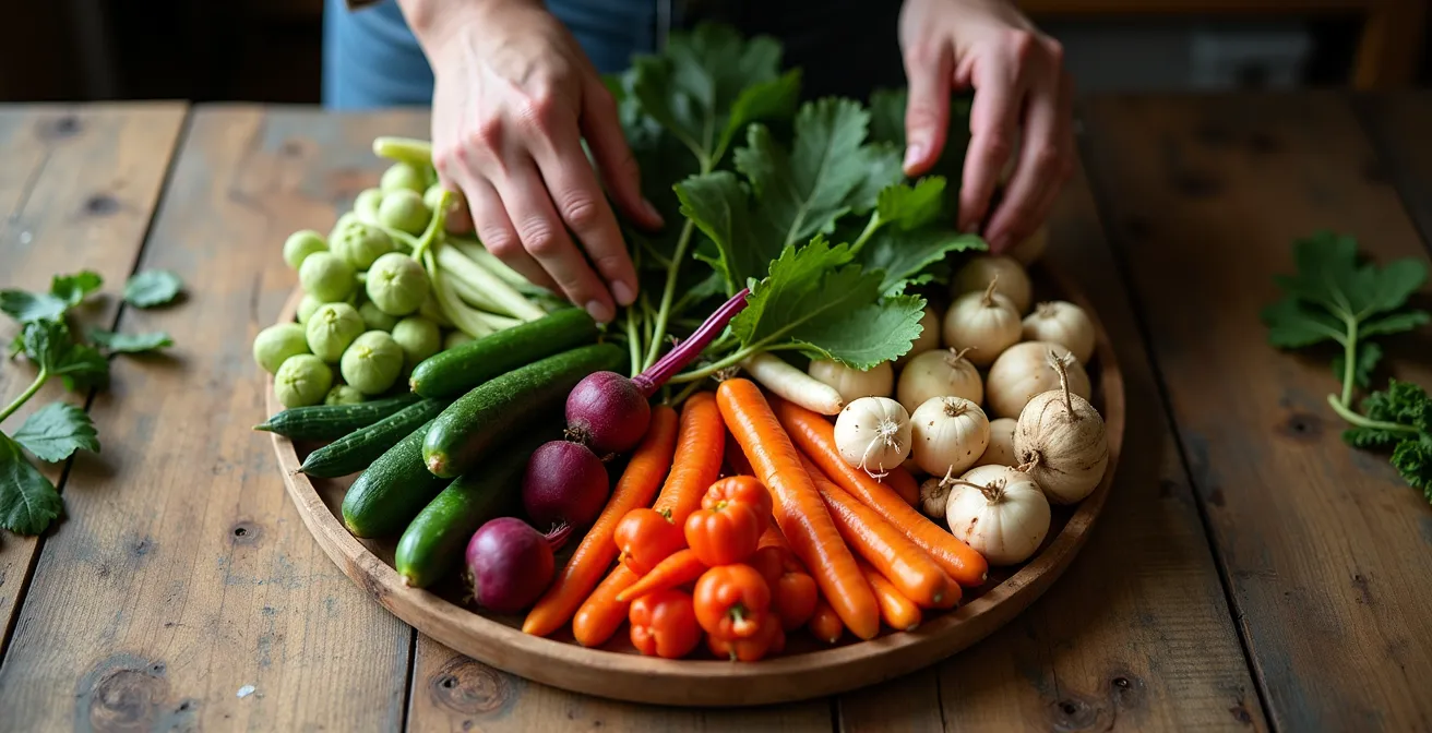 Légumes québécois de saison arrangés en cercle saisonnier sur table rustique