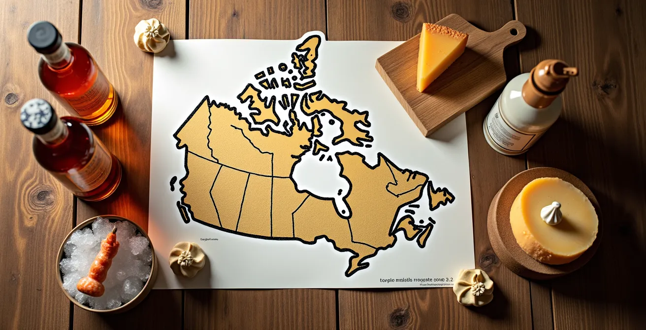 Carte stylisée du Québec avec trois régions mises en évidence par des épingles dorées et des produits du terroir