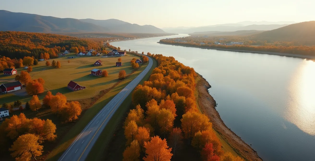 Vue aérienne de la route sinueuse longeant le fleuve Saint-Laurent avec les fermes et fromageries de Charlevoix