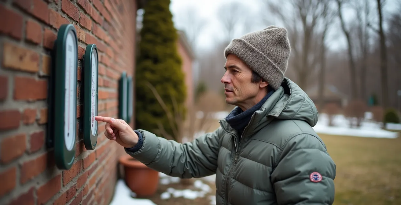 Jardin québécois avec thermomètres placés stratégiquement montrant différentes zones de température