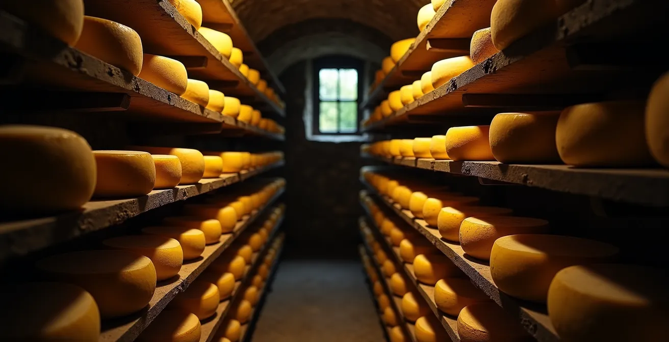 Cave d'affinage traditionnelle avec des meules de fromages québécois maturant sur des étagères en bois, dans une ambiance tamisée.