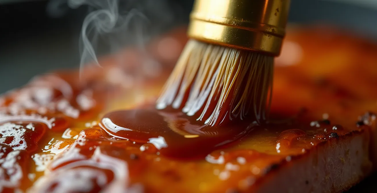 Mains de chef appliquant du sirop d'érable ambré sur une pièce de viande avec un pinceau professionnel