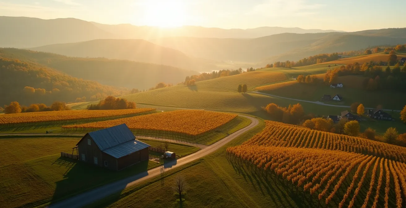 Vue aérienne de la route des vins de l'Estrie avec vignobles et fermes artisanales