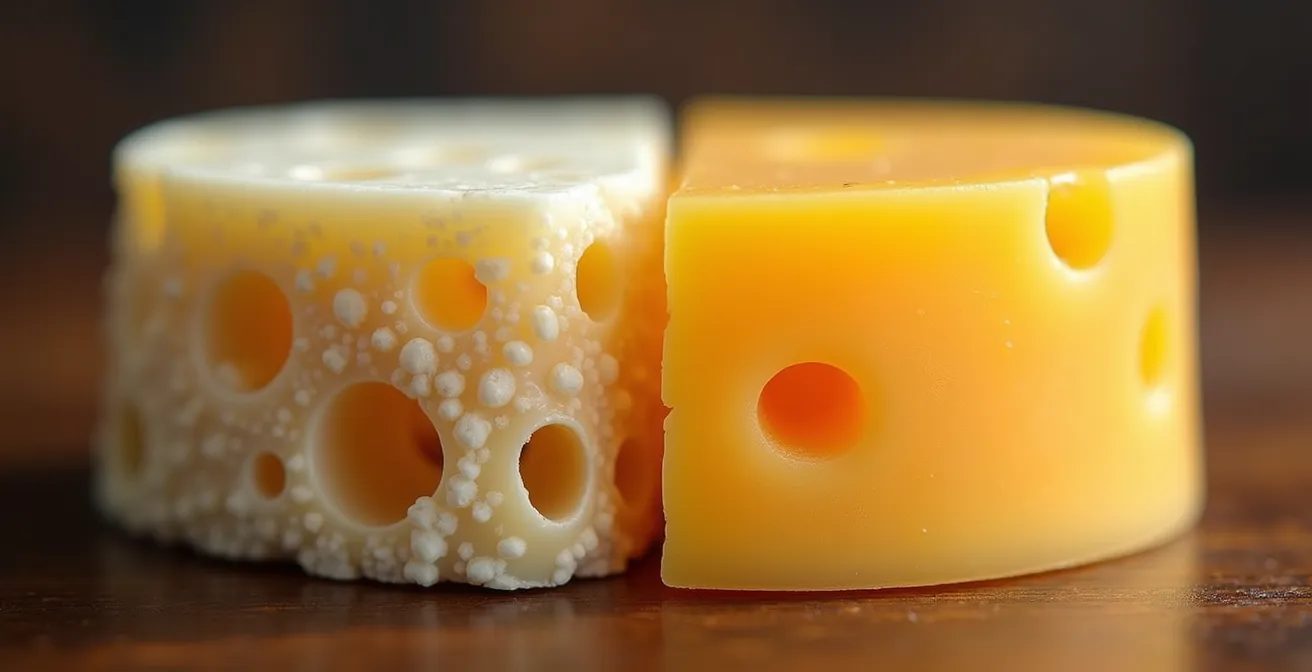 Comparaison macro entre texture de fromage artisanal et industriel