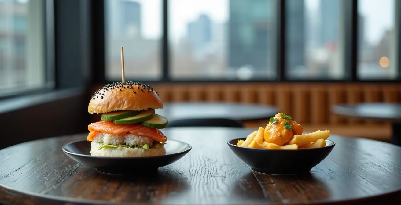 Comparaison visuelle entre un sushi-burger harmonieux et une poutine au curry problématique