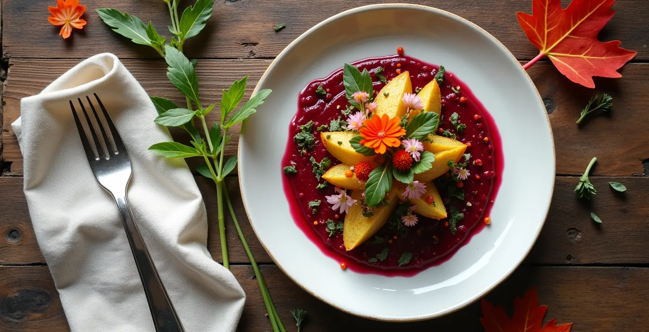 Vue plongeante d'une assiette artistiquement dressée avec éclairage naturel optimal