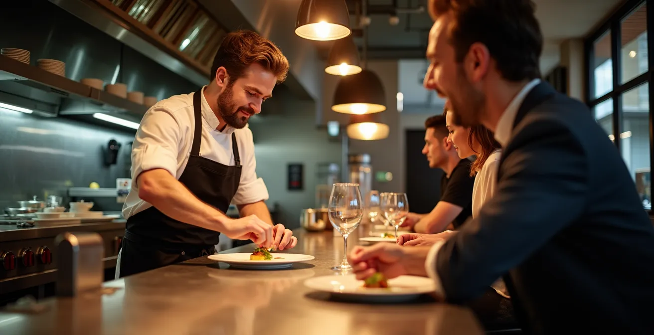Vue rapprochée d'un comptoir de chef avec une brigade en action, ambiance chaleureuse et professionnelle dans un restaurant québécois