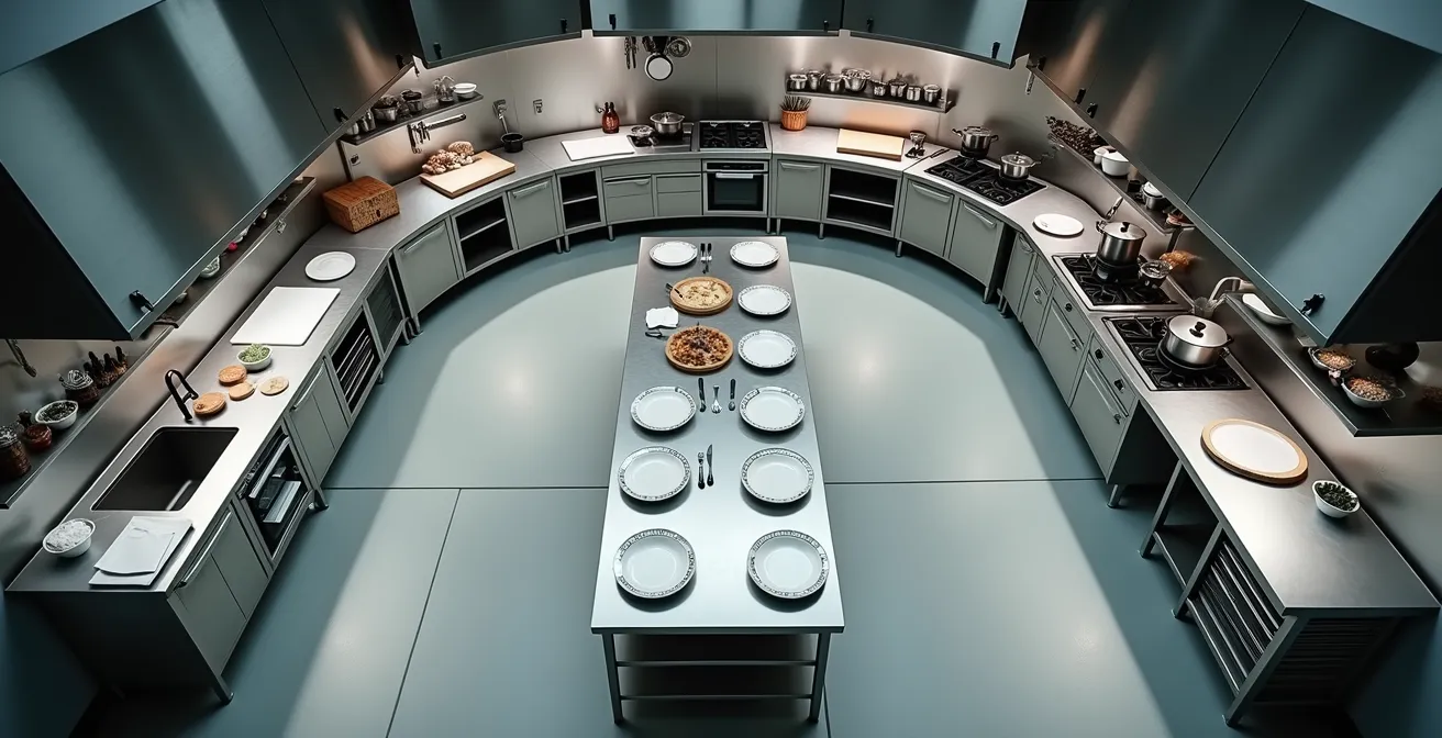 Vue aérienne d'un plan de travail organisé en stations circulaires dans une cuisine professionnelle québécoise
