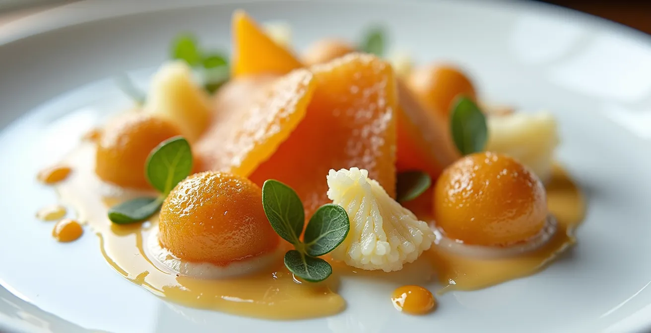 Vue macro d'un plat gastronomique québécois décomposé en ses éléments