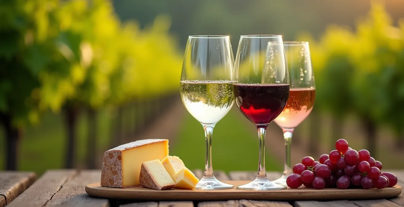 Gros plan de verres de vin rouge, blanc et rosé sur une table en bois avec vignes floues en arrière-plan