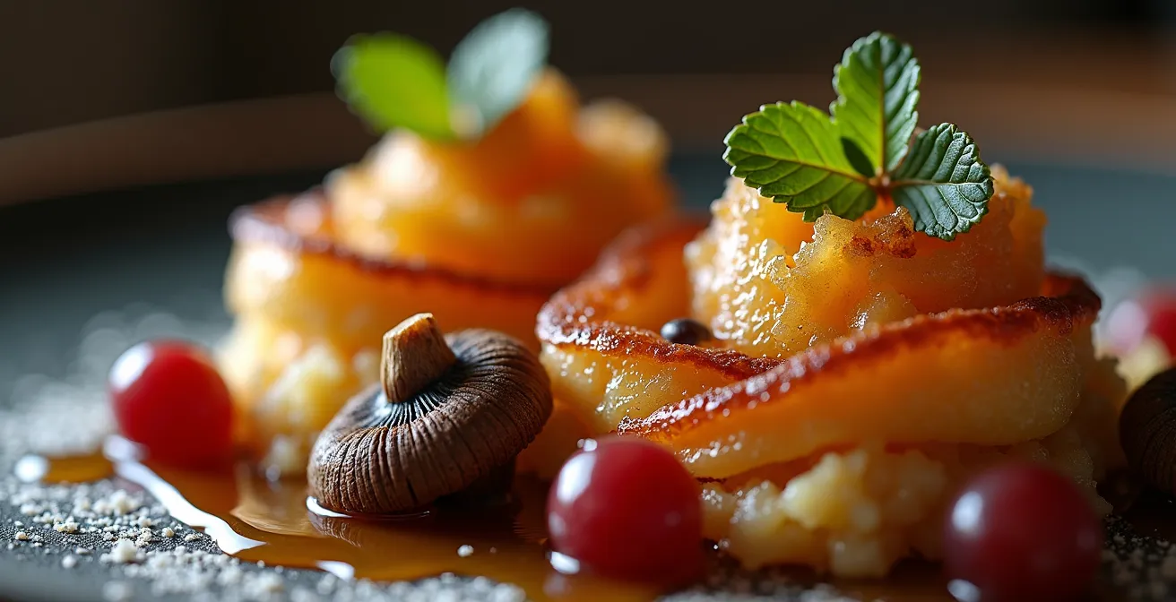 Déconstruction visuelle d'un plat gastronomique québécois montrant les différentes dimensions sensorielles