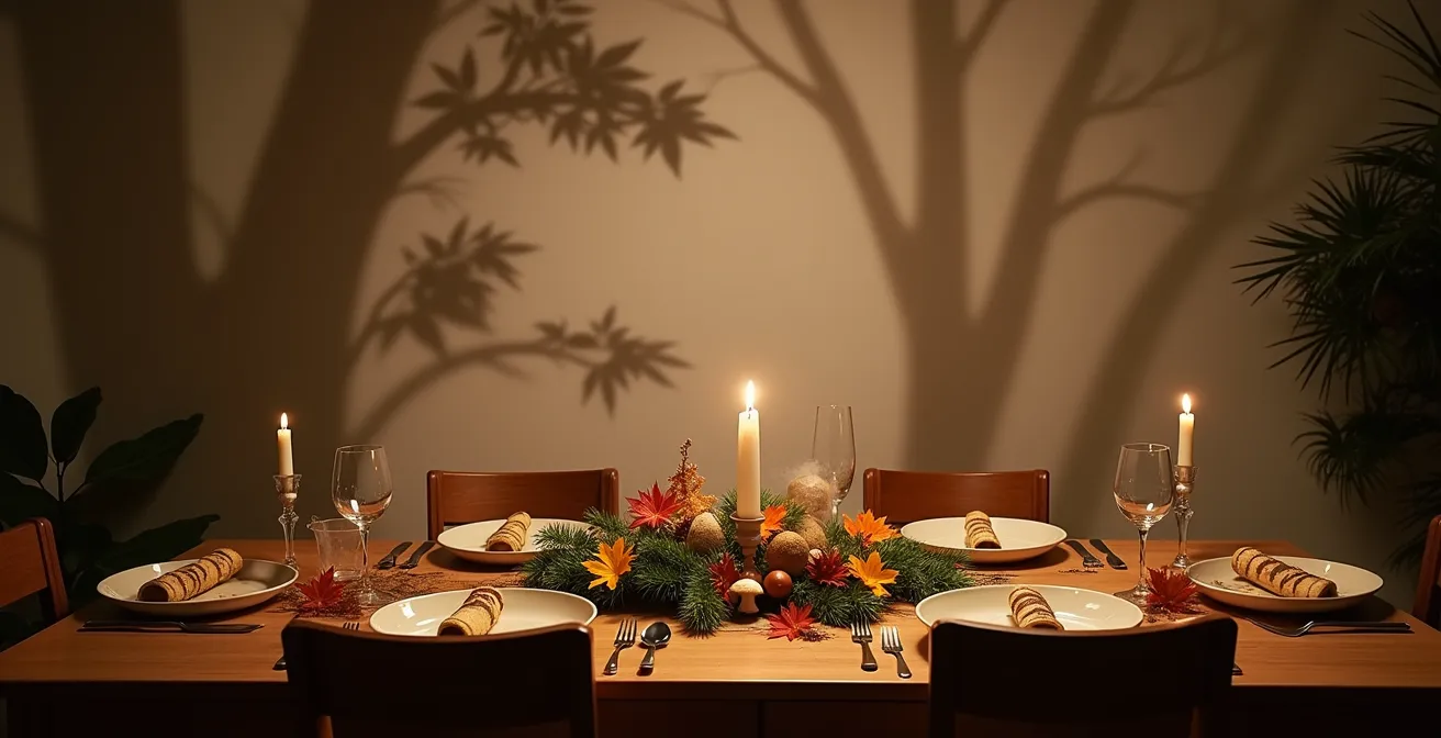 Table dressée dans un salon avec ambiance forestière créée par éclairage tamisé et décorations naturelles