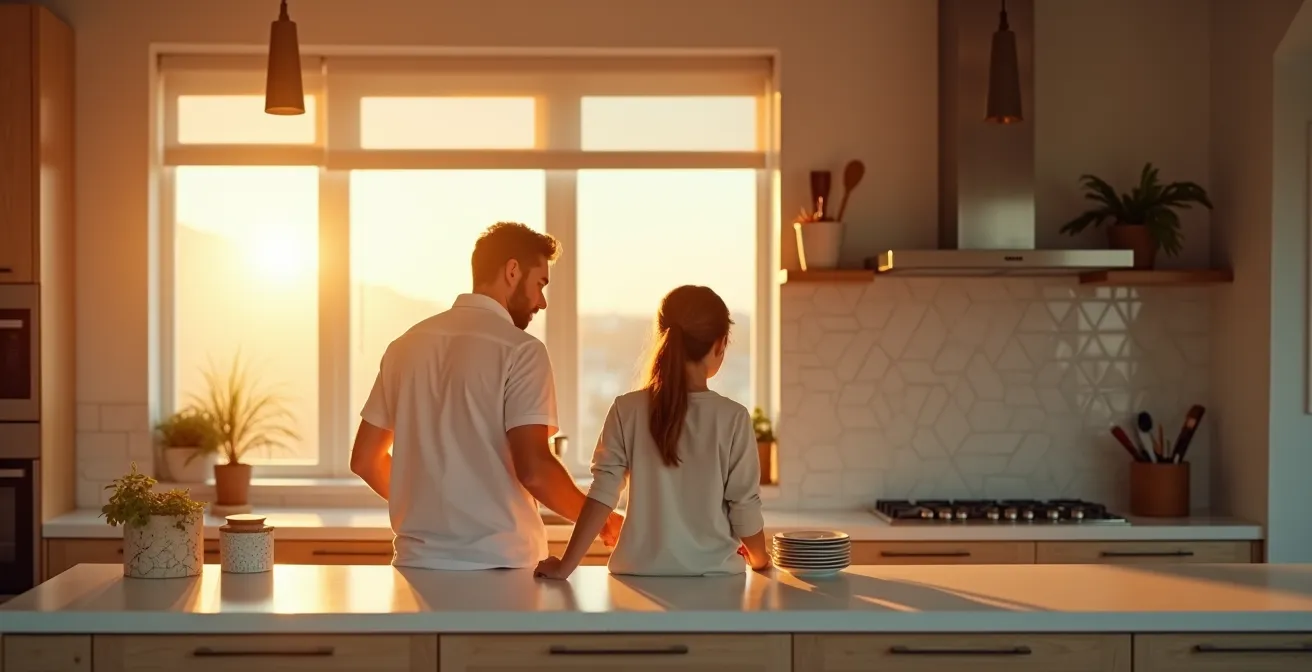 Enfant et parent cuisinant ensemble dans une ambiance chaleureuse de cuisine moderne