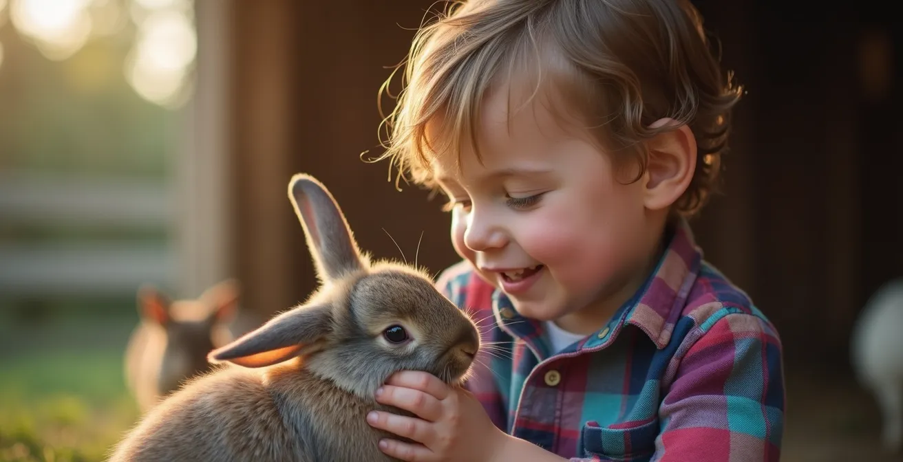 Enfant émerveillé caressant doucement un lapin dans une ferme québécoise ensoleillée