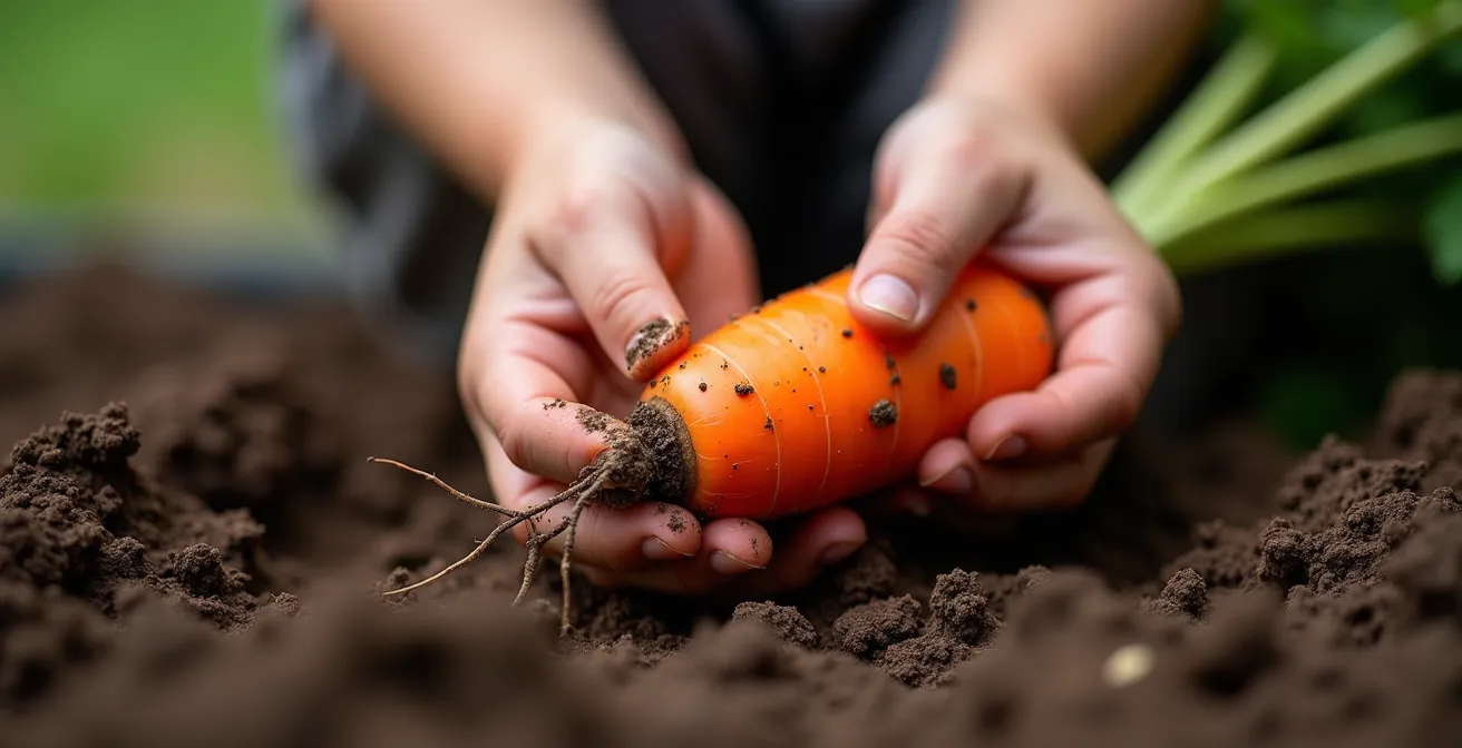 Gros plan sur les mains d'un enfant tirant une carotte orange de la terre