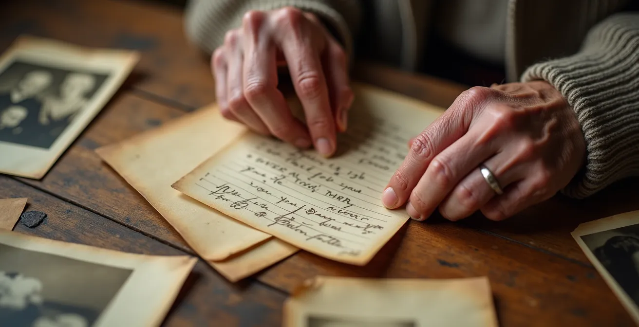 Mains parcourant de vieux documents d'archives et photos de famille sur une table en bois