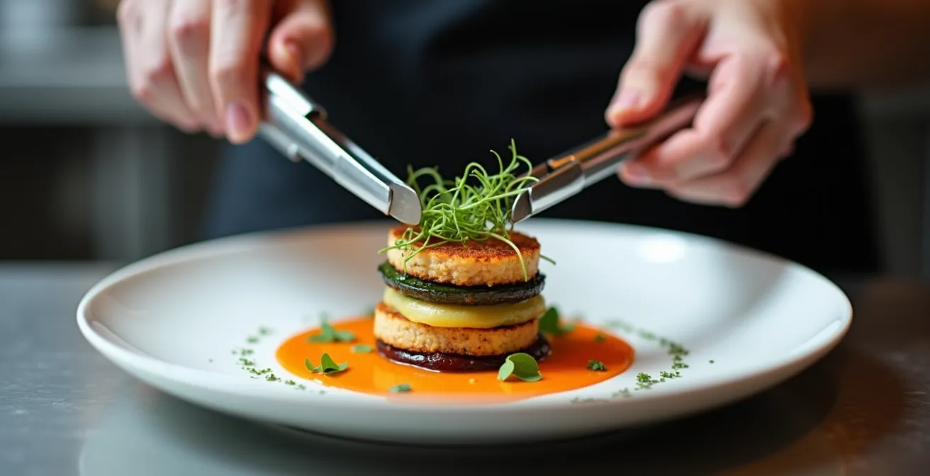 Vue de côté d'une assiette montrant un dressage avec hauteur et relief, légumes empilés et sauce en points délicats sur fond neutre