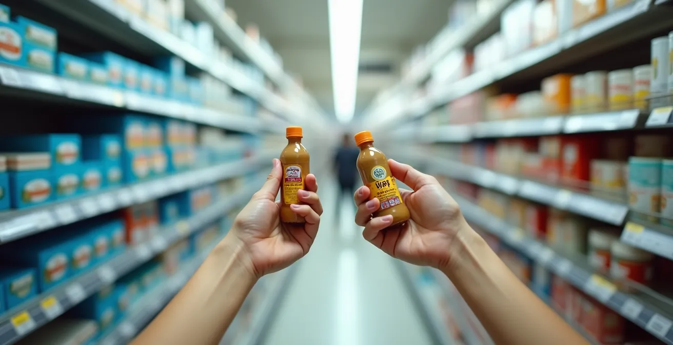 Mains comparant deux produits dans une allée d'épicerie québécoise