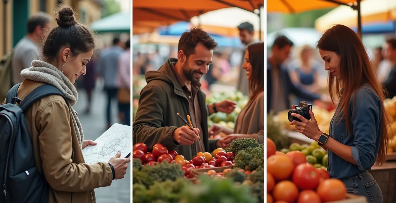 Triptyque photographique montrant l'évolution d'un visiteur avec carnet de notes, puis échangeant avec des producteurs, puis filmant une scène de marché