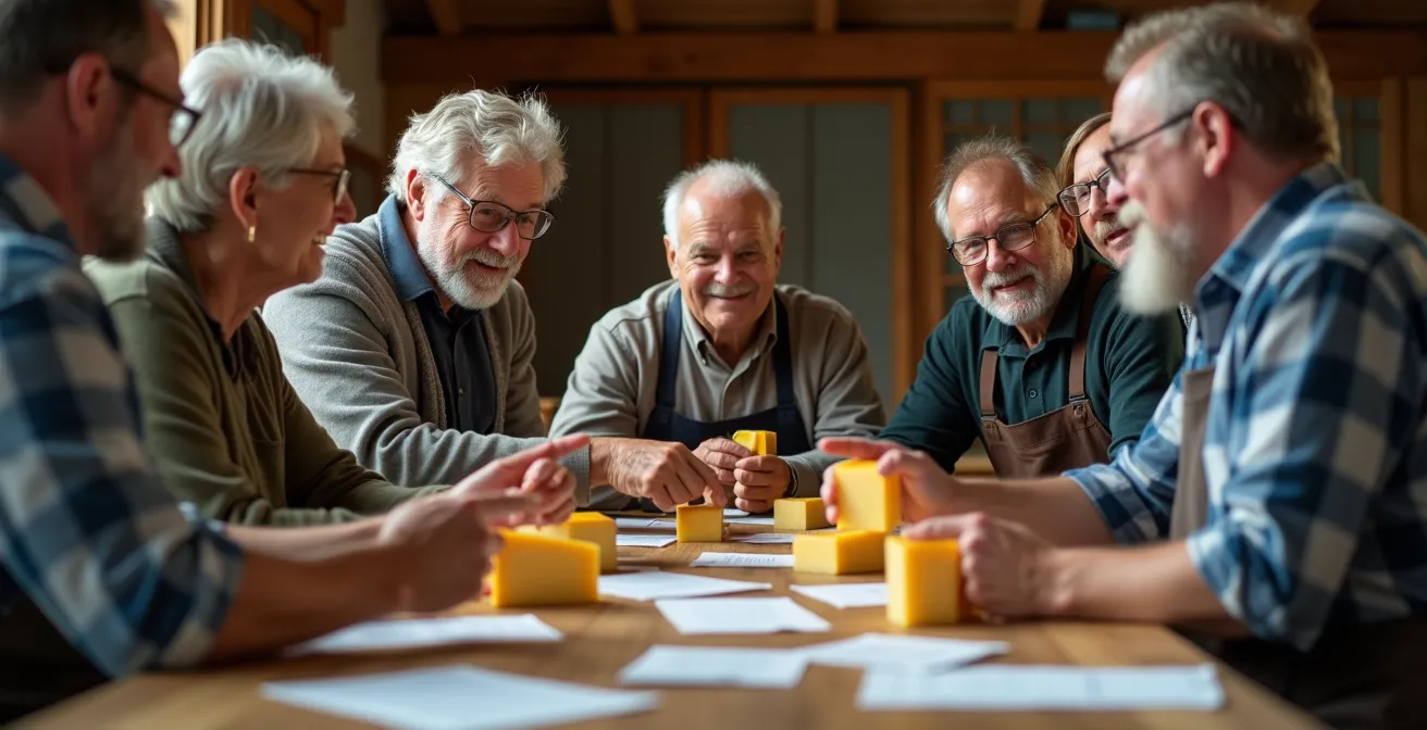 Groupe de producteurs fromagers de Charlevoix réunis autour d'une table de travail avec documents et échantillons de fromage