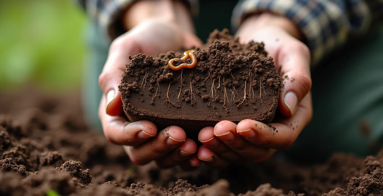 Gros plan sur un sol riche en matière organique avec vers de terre et racines visibles dans une ferme québécoise