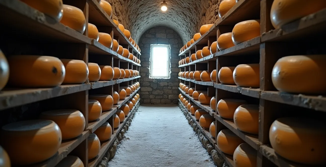 Cave d'affinage québécoise montrant des fromages en maturation dans des conditions nordiques contrôlées