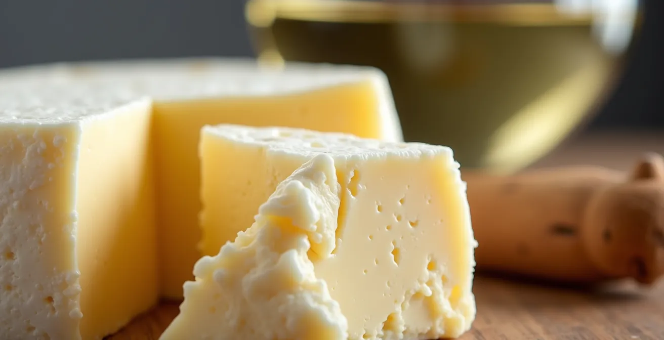 Gros plan sur un fromage de chèvre québécois avec un verre de vin blanc, éclairage naturel de fenêtre