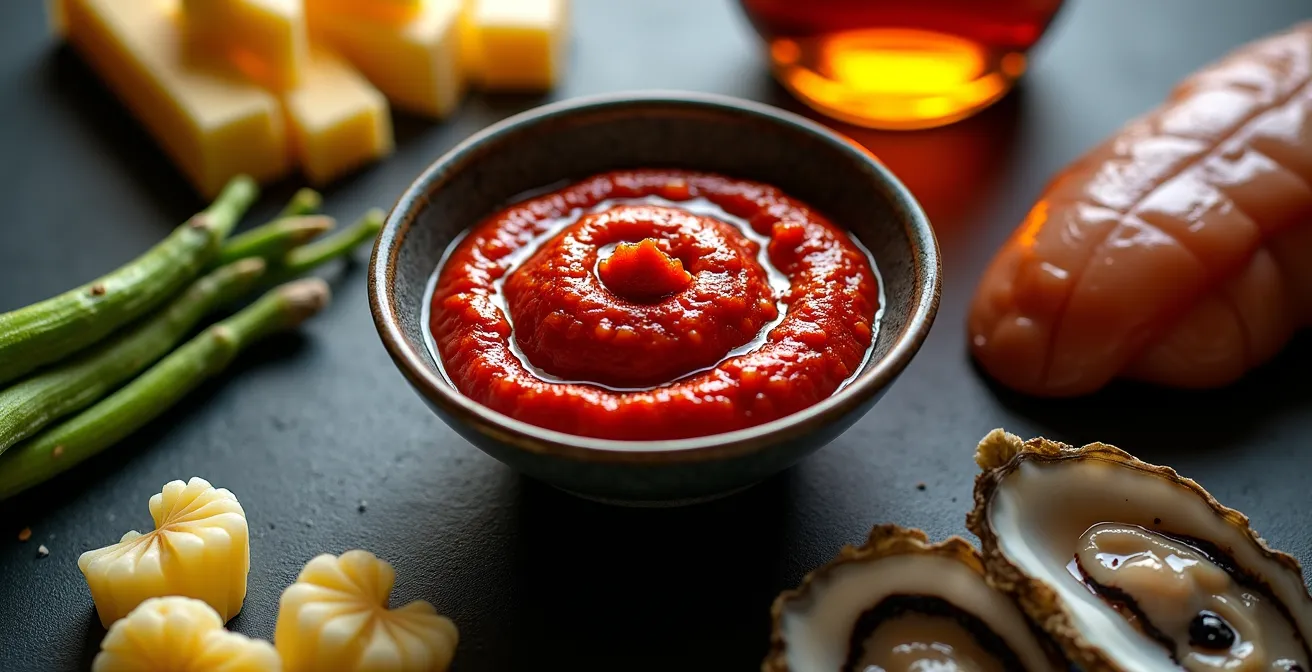 Arrangement artistique de harissa entouré de produits québécois emblématiques dans une composition harmonieuse