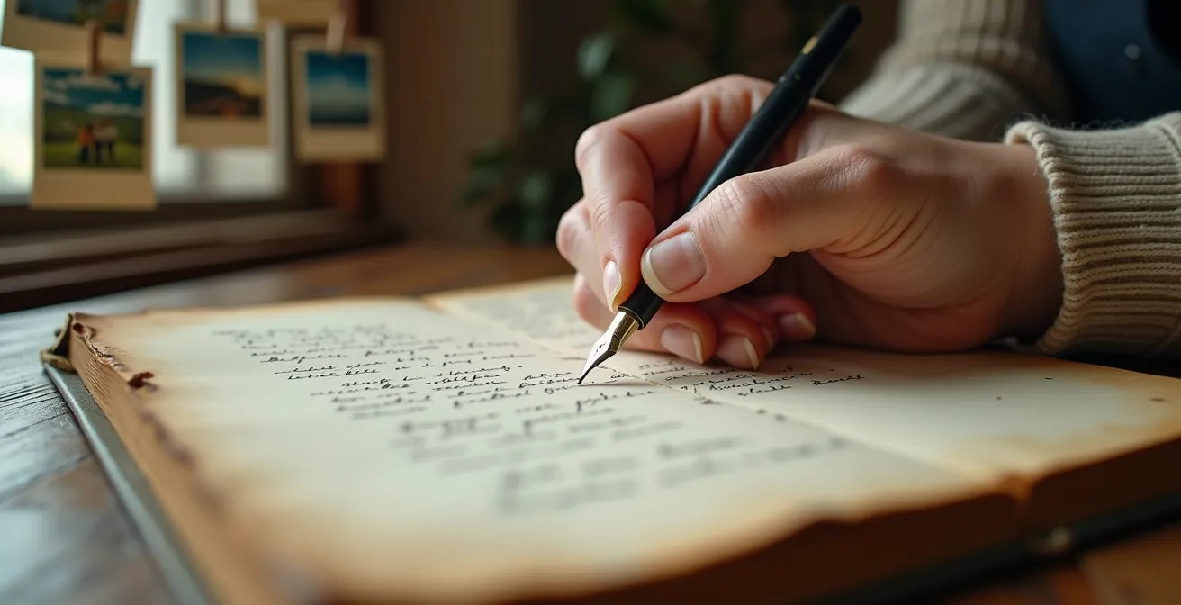 Mains écrivant dans un livre d'or ancien avec photos et souvenirs épinglés au mur