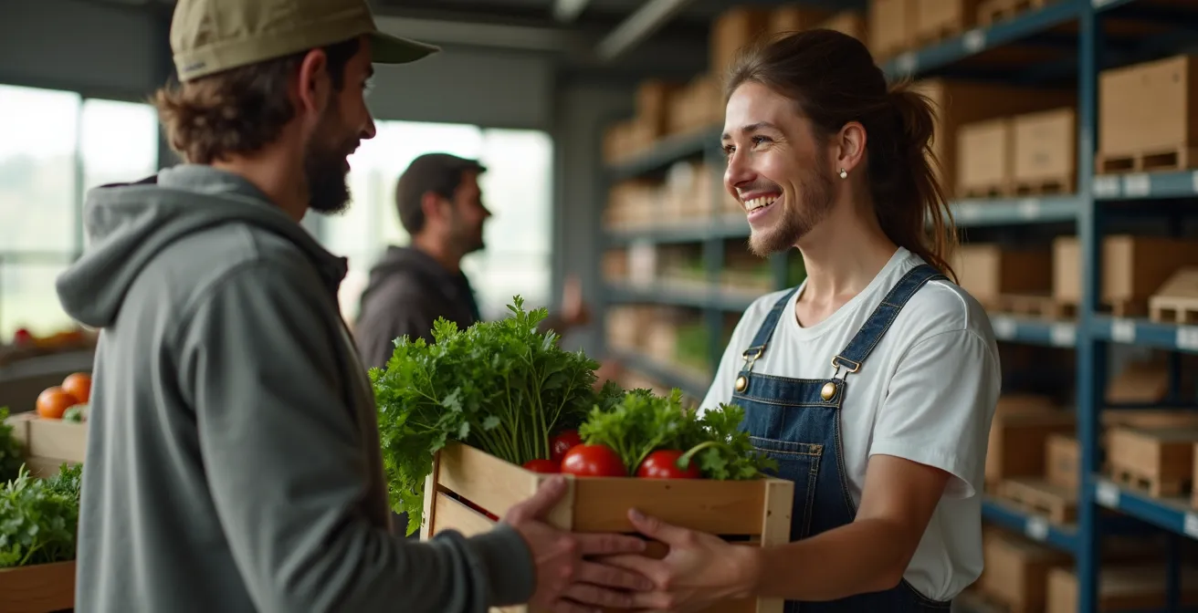 Point de collecte d'un marché de proximité avec paniers de légumes prêts pour la livraison