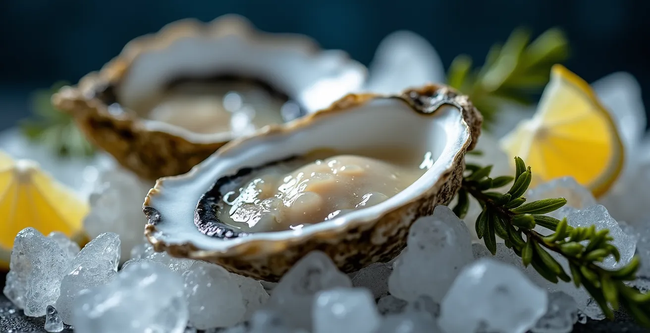 Plateau d'huîtres du Saint-Laurent présentées sur glace pilée avec citrons