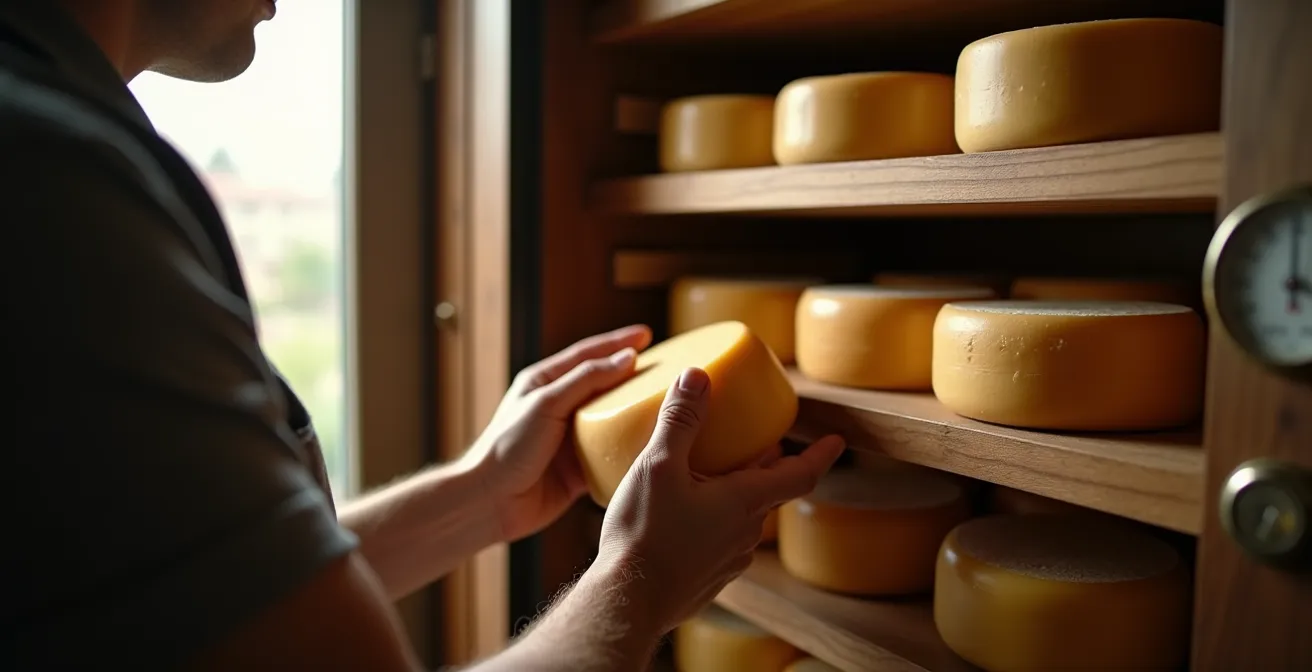 Installation d'affinage maison dans un sous-sol québécois avec cellier à vin adapté et fromages en maturation