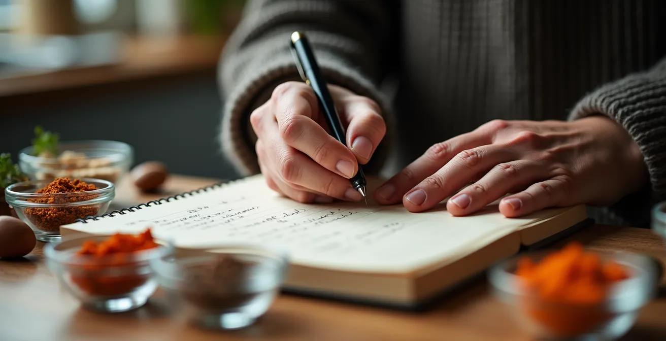Carnet ouvert avec notes manuscrites d'expérimentations culinaires et petits échantillons d'épices