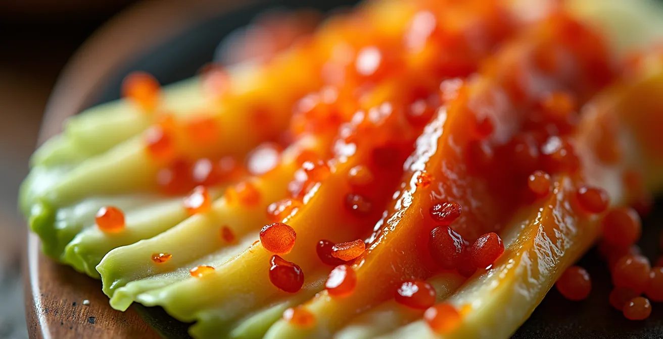 Vue macro du kimchi québécois avec chou nappa, piment et érable