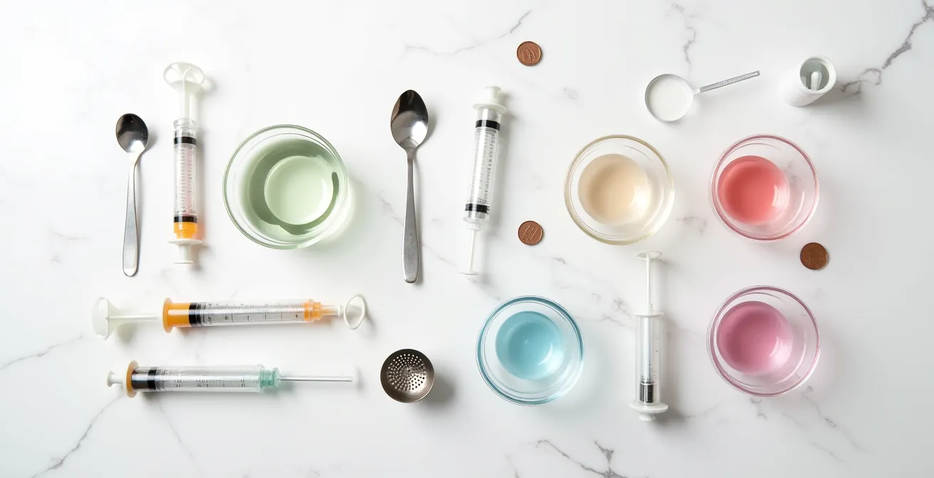 Arrangement minimaliste d'ustensiles de cuisine moléculaire incluant seringues, cuillères et bols en verre