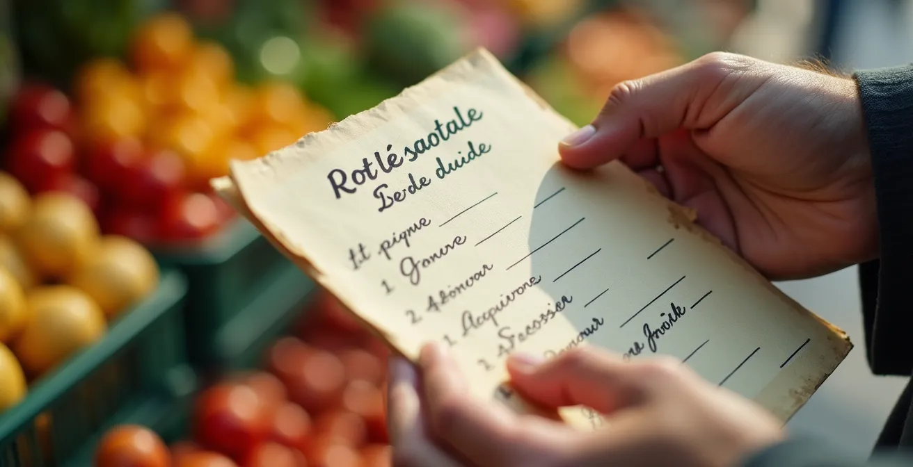 Main tenant un carnet avec une liste manuscrite de besoins culinaires devant des étals de légumes colorés