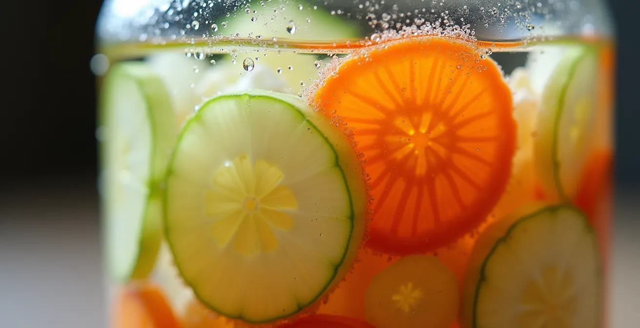 Vue macro de bulles de fermentation dans un bocal de légumes lactofermentés