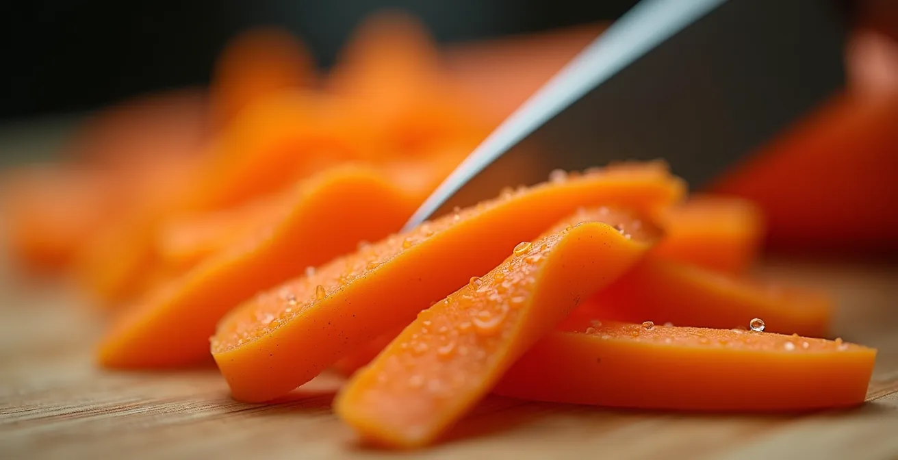 Vue macro d'une découpe en julienne parfaite sur une carotte du Québec