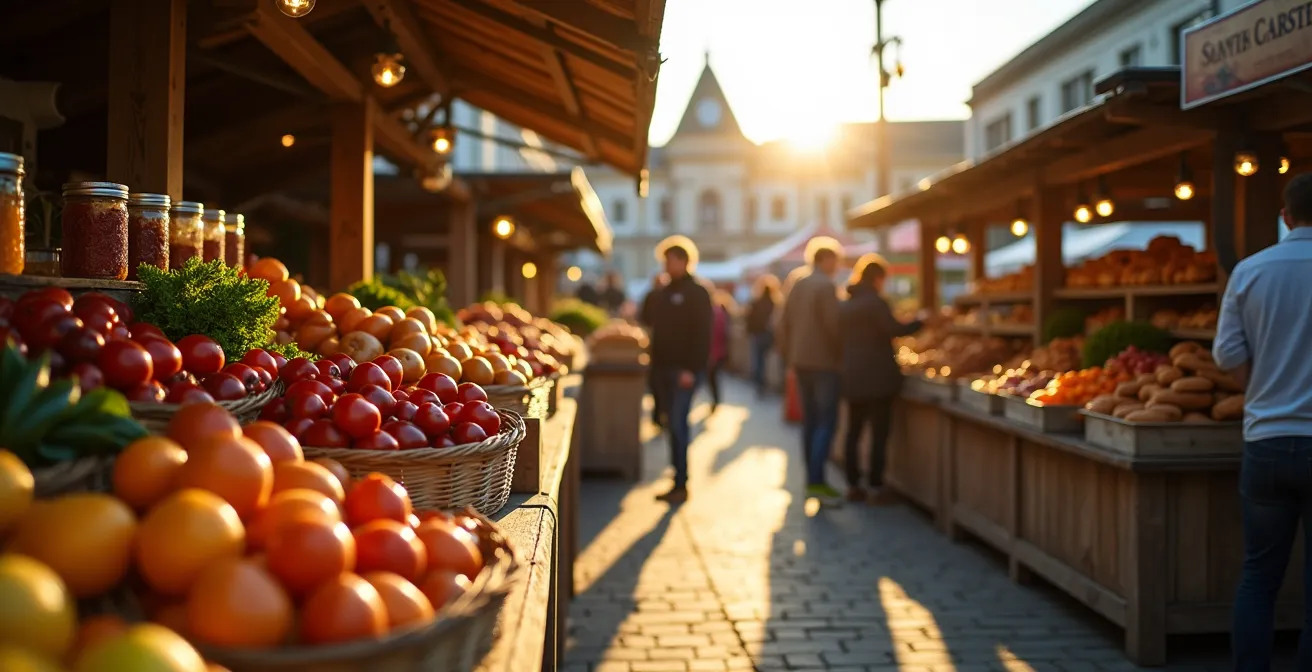 Vue d'ensemble d'un marché fermier québécois avec producteurs et clients