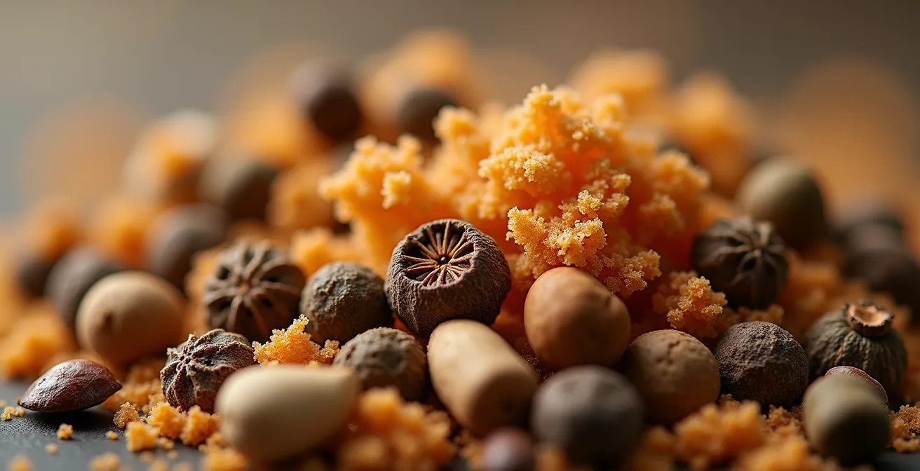 Vue macro de différentes épices québécoises mélangées montrant les textures